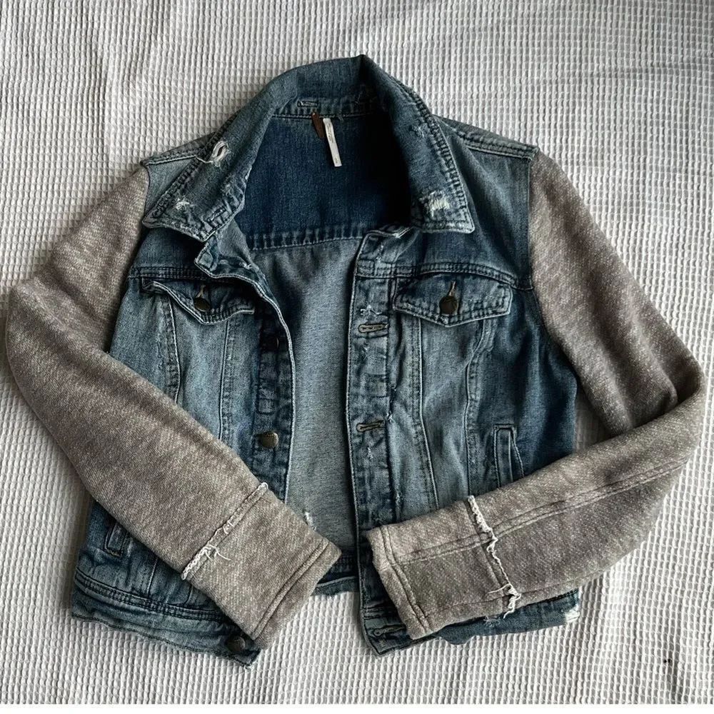 Free People Sweatshirt Knit Jean Distressed Streetwear  Fall Jacket Size S - Picture 3 of 10